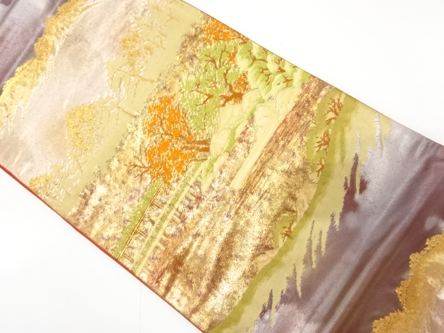 JAPANESE KIMONO / ANTIQUE FUKURO OBI / SILK / WOVEN SCENERY OF KYOTO